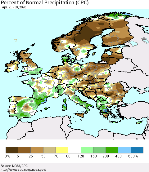 Europe Percent of Normal Precipitation (CPC) Thematic Map For 4/21/2020 - 4/30/2020
