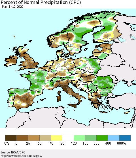 Europe Percent of Normal Precipitation (CPC) Thematic Map For 5/1/2020 - 5/10/2020
