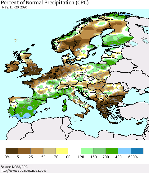 Europe Percent of Normal Precipitation (CPC) Thematic Map For 5/11/2020 - 5/20/2020