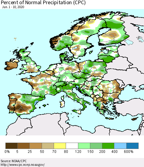 Europe Percent of Normal Precipitation (CPC) Thematic Map For 6/1/2020 - 6/10/2020