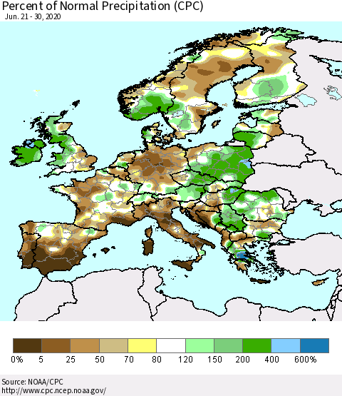 Europe Percent of Normal Precipitation (CPC) Thematic Map For 6/21/2020 - 6/30/2020