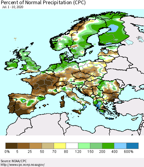 Europe Percent of Normal Precipitation (CPC) Thematic Map For 7/1/2020 - 7/10/2020
