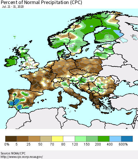 Europe Percent of Normal Precipitation (CPC) Thematic Map For 7/21/2020 - 7/31/2020