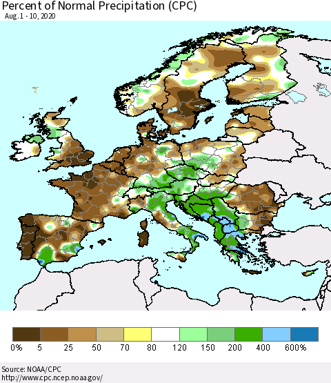 Europe Percent of Normal Precipitation (CPC) Thematic Map For 8/1/2020 - 8/10/2020