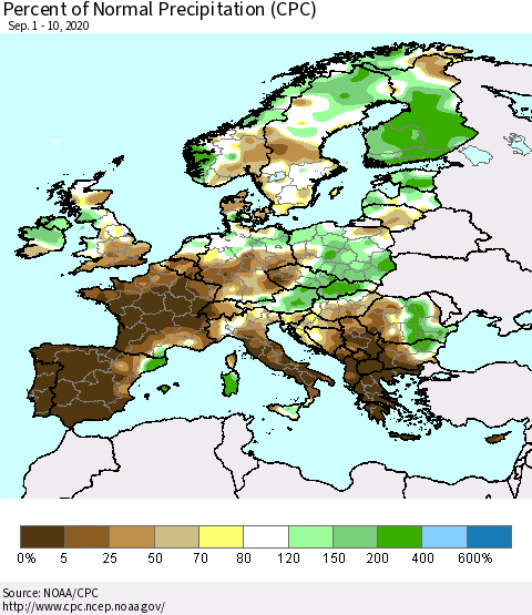 Europe Percent of Normal Precipitation (CPC) Thematic Map For 9/1/2020 - 9/10/2020