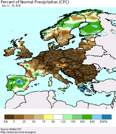 Europe Percent of Normal Precipitation (CPC) Thematic Map For 9/11/2020 - 9/20/2020