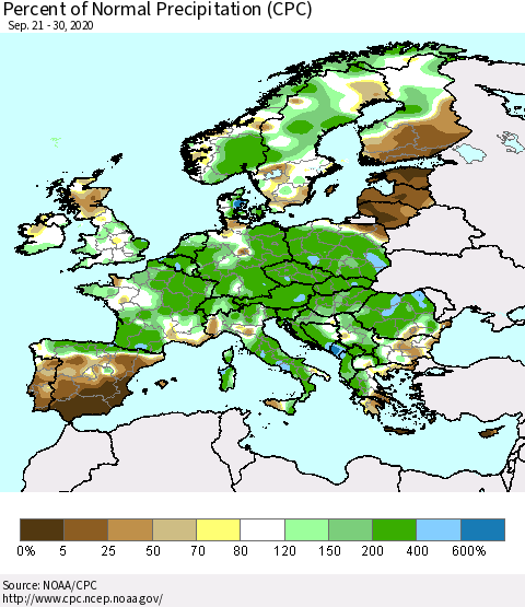 Europe Percent of Normal Precipitation (CPC) Thematic Map For 9/21/2020 - 9/30/2020