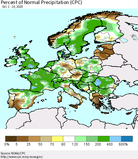 Europe Percent of Normal Precipitation (CPC) Thematic Map For 10/1/2020 - 10/10/2020