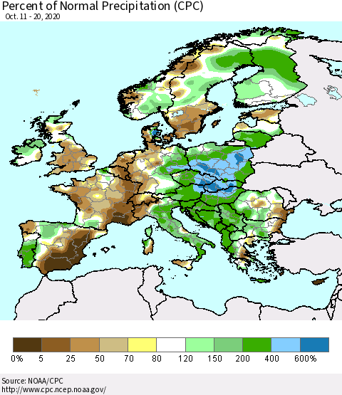 Europe Percent of Normal Precipitation (CPC) Thematic Map For 10/11/2020 - 10/20/2020