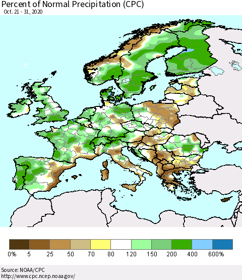 Europe Percent of Normal Precipitation (CPC) Thematic Map For 10/21/2020 - 10/31/2020