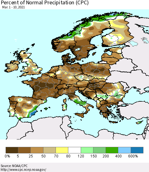 Europe Percent of Normal Precipitation (CPC) Thematic Map For 3/1/2021 - 3/10/2021