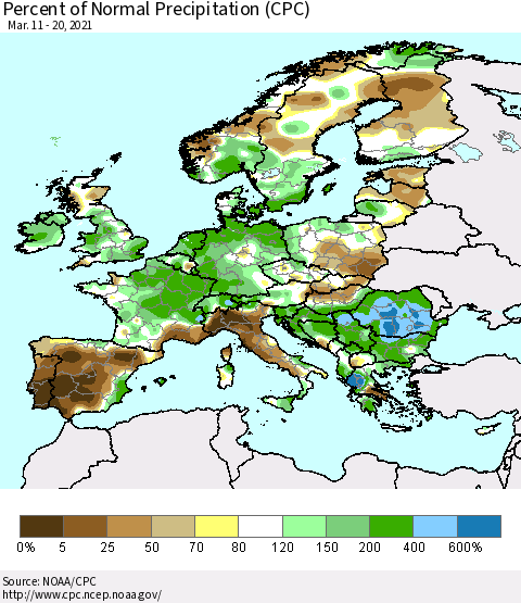 Europe Percent of Normal Precipitation (CPC) Thematic Map For 3/11/2021 - 3/20/2021