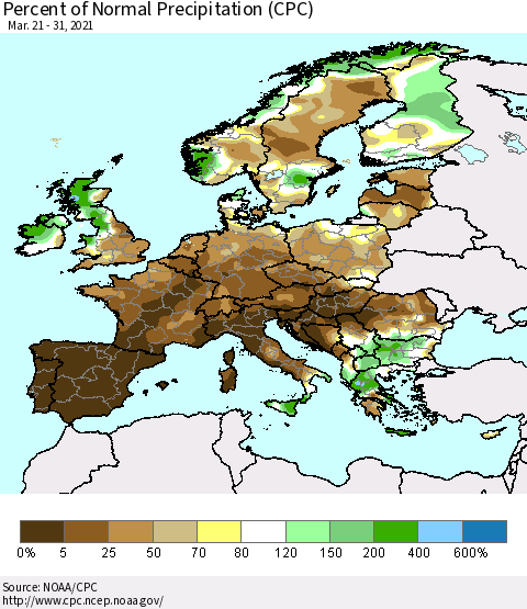 Europe Percent of Normal Precipitation (CPC) Thematic Map For 3/21/2021 - 3/31/2021