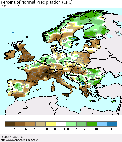 Europe Percent of Normal Precipitation (CPC) Thematic Map For 4/1/2021 - 4/10/2021