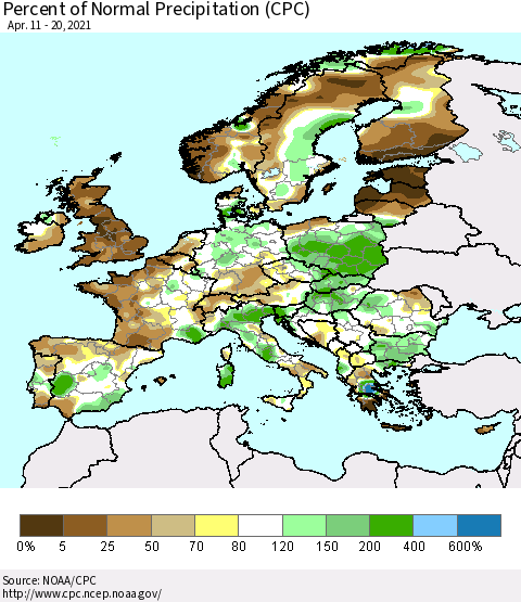 Europe Percent of Normal Precipitation (CPC) Thematic Map For 4/11/2021 - 4/20/2021