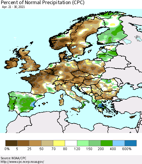 Europe Percent of Normal Precipitation (CPC) Thematic Map For 4/21/2021 - 4/30/2021