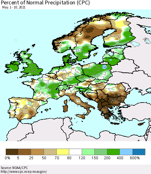 Europe Percent of Normal Precipitation (CPC) Thematic Map For 5/1/2021 - 5/10/2021
