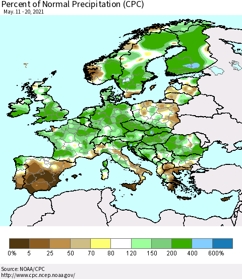 Europe Percent of Normal Precipitation (CPC) Thematic Map For 5/11/2021 - 5/20/2021