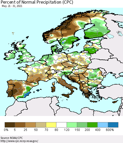 Europe Percent of Normal Precipitation (CPC) Thematic Map For 5/21/2021 - 5/31/2021