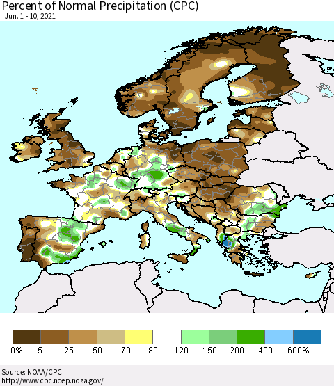 Europe Percent of Normal Precipitation (CPC) Thematic Map For 6/1/2021 - 6/10/2021