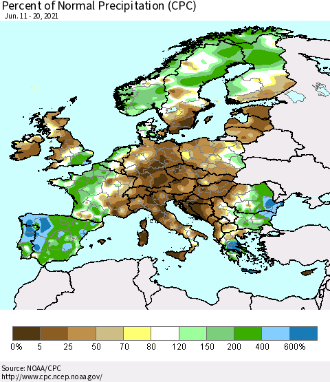 Europe Percent of Normal Precipitation (CPC) Thematic Map For 6/11/2021 - 6/20/2021