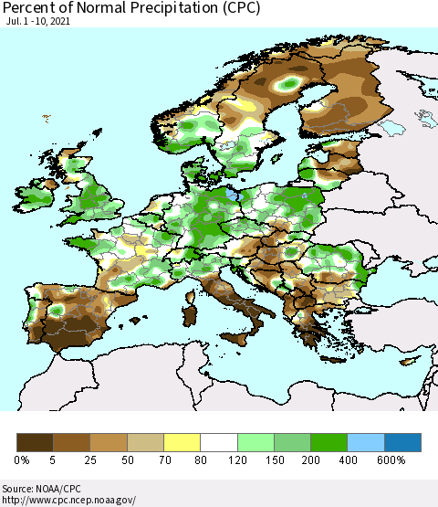 Europe Percent of Normal Precipitation (CPC) Thematic Map For 7/1/2021 - 7/10/2021