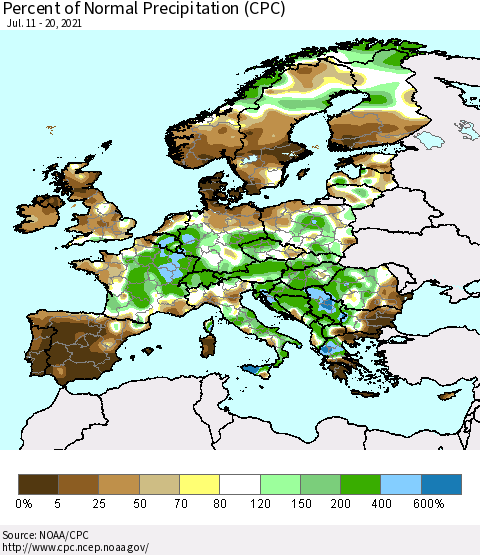 Europe Percent of Normal Precipitation (CPC) Thematic Map For 7/11/2021 - 7/20/2021