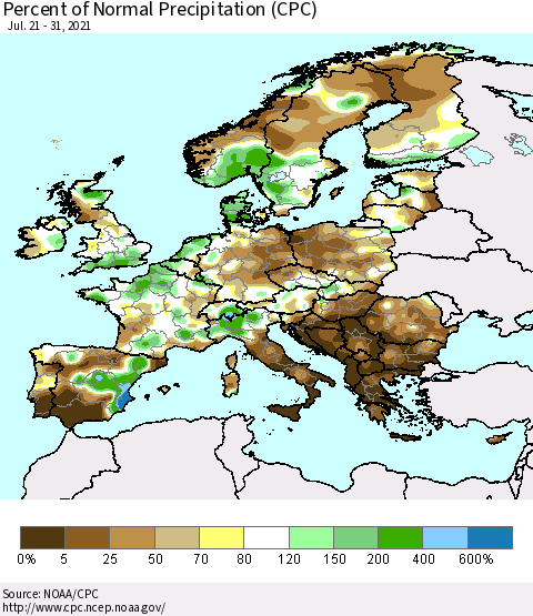 Europe Percent of Normal Precipitation (CPC) Thematic Map For 7/21/2021 - 7/31/2021