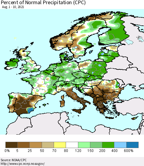 Europe Percent of Normal Precipitation (CPC) Thematic Map For 8/1/2021 - 8/10/2021