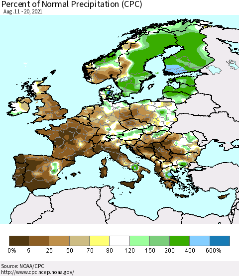 Europe Percent of Normal Precipitation (CPC) Thematic Map For 8/11/2021 - 8/20/2021