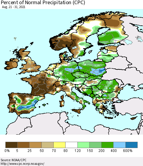 Europe Percent of Normal Precipitation (CPC) Thematic Map For 8/21/2021 - 8/31/2021