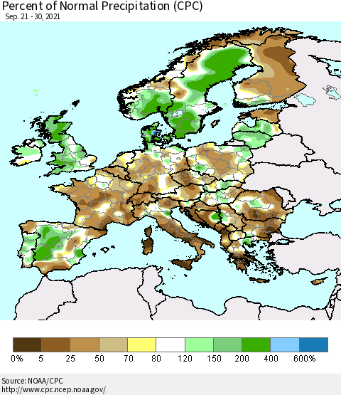 Europe Percent of Normal Precipitation (CPC) Thematic Map For 9/21/2021 - 9/30/2021