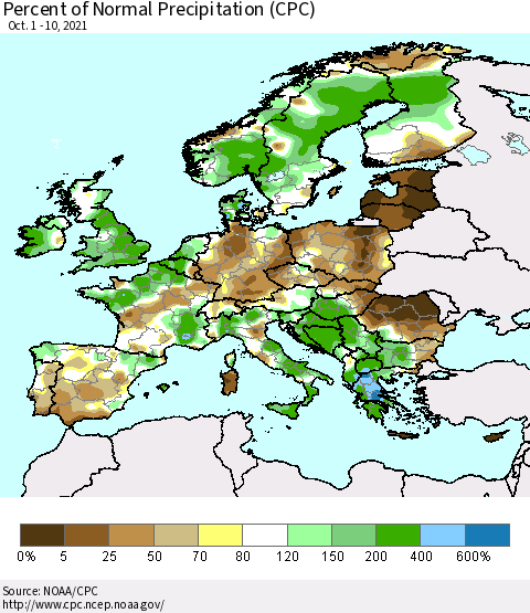 Europe Percent of Normal Precipitation (CPC) Thematic Map For 10/1/2021 - 10/10/2021
