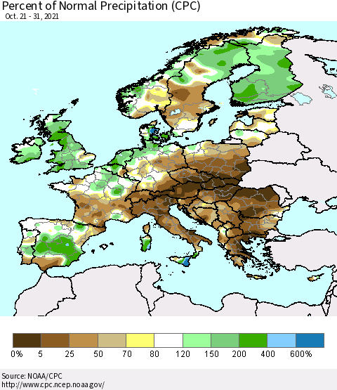 Europe Percent of Normal Precipitation (CPC) Thematic Map For 10/21/2021 - 10/31/2021