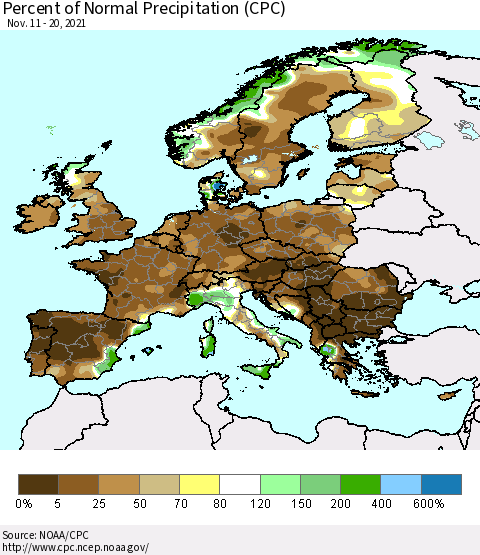 Europe Percent of Normal Precipitation (CPC) Thematic Map For 11/11/2021 - 11/20/2021