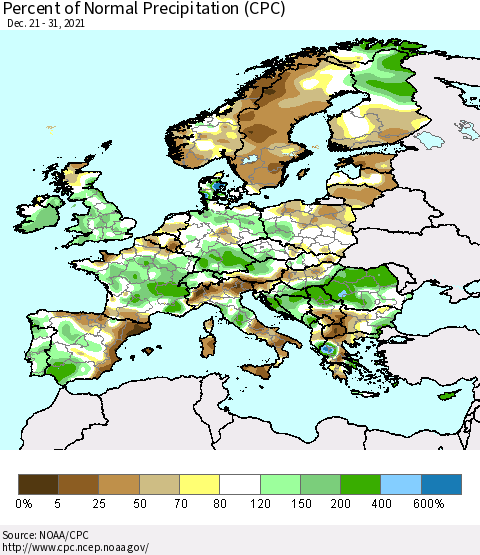 Europe Percent of Normal Precipitation (CPC) Thematic Map For 12/21/2021 - 12/31/2021