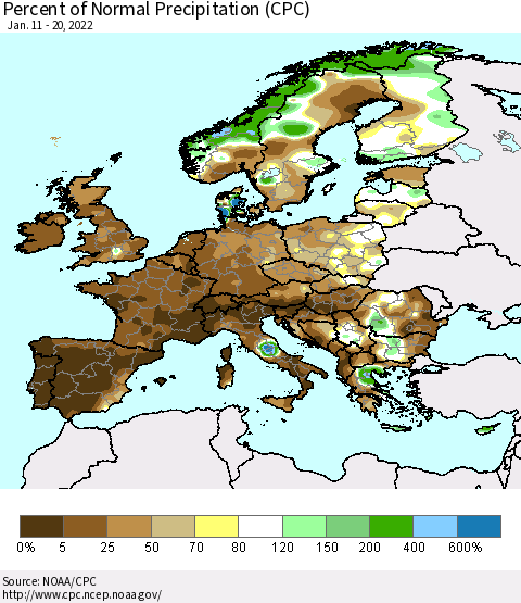 Europe Percent of Normal Precipitation (CPC) Thematic Map For 1/11/2022 - 1/20/2022