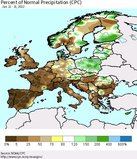 Europe Percent of Normal Precipitation (CPC) Thematic Map For 1/21/2022 - 1/31/2022