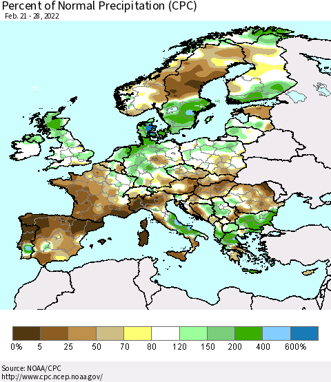 Europe Percent of Normal Precipitation (CPC) Thematic Map For 2/21/2022 - 2/28/2022