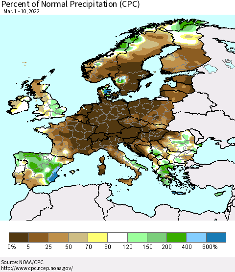Europe Percent of Normal Precipitation (CPC) Thematic Map For 3/1/2022 - 3/10/2022