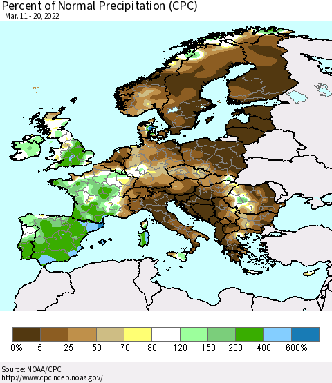 Europe Percent of Normal Precipitation (CPC) Thematic Map For 3/11/2022 - 3/20/2022