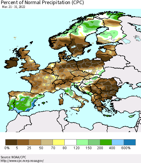 Europe Percent of Normal Precipitation (CPC) Thematic Map For 3/21/2022 - 3/31/2022