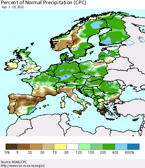 Europe Percent of Normal Precipitation (CPC) Thematic Map For 4/1/2022 - 4/10/2022