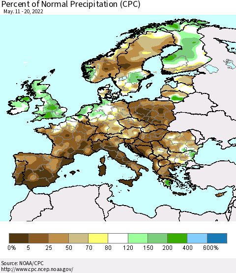 Europe Percent of Normal Precipitation (CPC) Thematic Map For 5/11/2022 - 5/20/2022