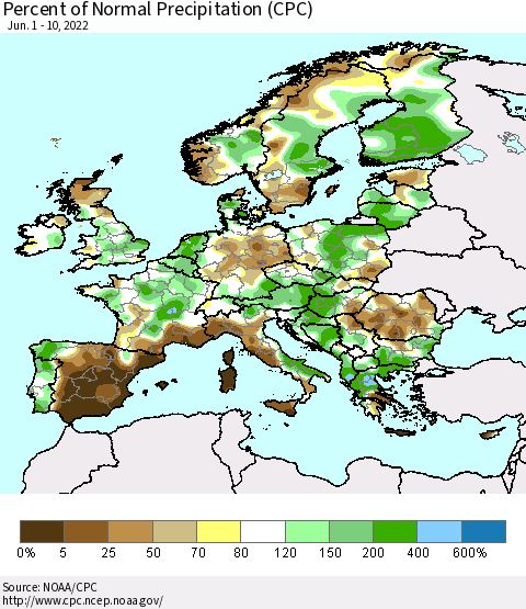 Europe Percent of Normal Precipitation (CPC) Thematic Map For 6/1/2022 - 6/10/2022