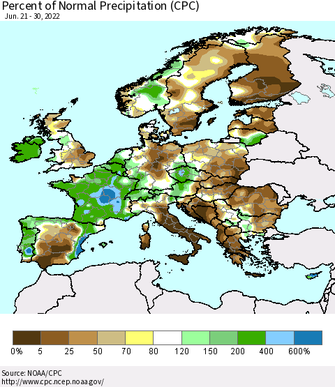 Europe Percent of Normal Precipitation (CPC) Thematic Map For 6/21/2022 - 6/30/2022