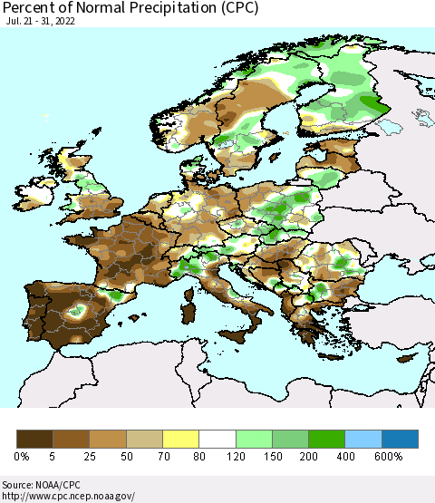 Europe Percent of Normal Precipitation (CPC) Thematic Map For 7/21/2022 - 7/31/2022