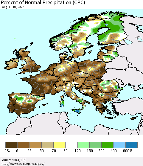 Europe Percent of Normal Precipitation (CPC) Thematic Map For 8/1/2022 - 8/10/2022