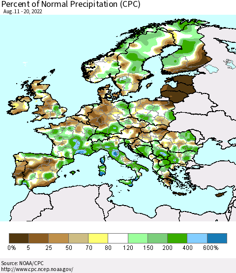 Europe Percent of Normal Precipitation (CPC) Thematic Map For 8/11/2022 - 8/20/2022