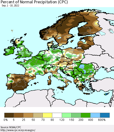 Europe Percent of Normal Precipitation (CPC) Thematic Map For 9/1/2022 - 9/10/2022